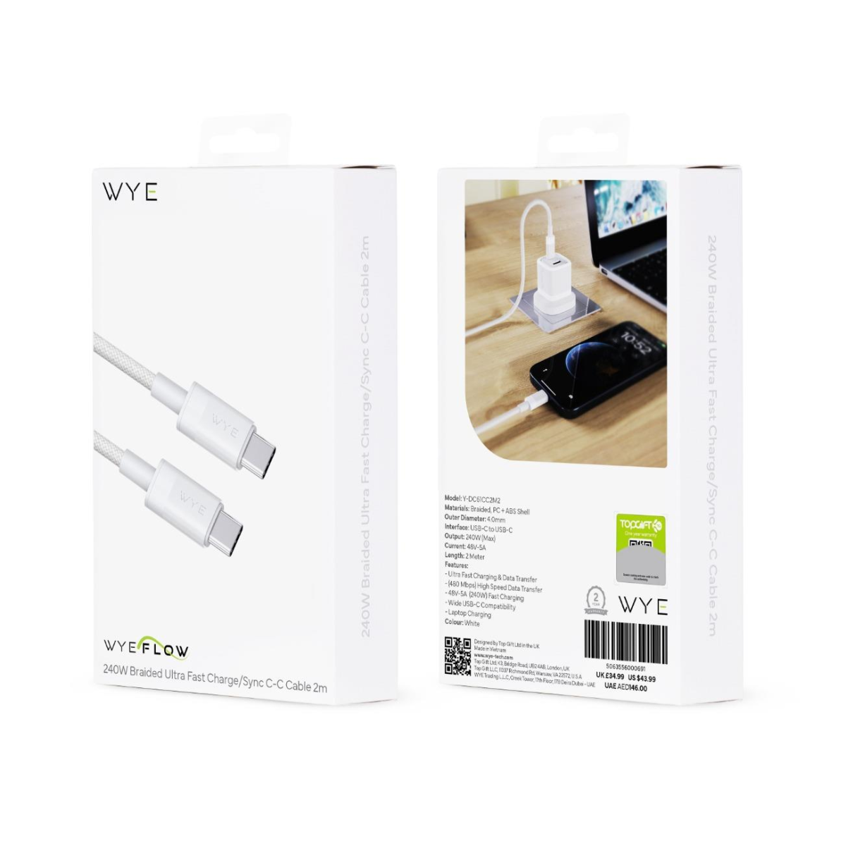 WYE 240W Braided Ultra Fast Charge/Sync C-C Cable 2m White
