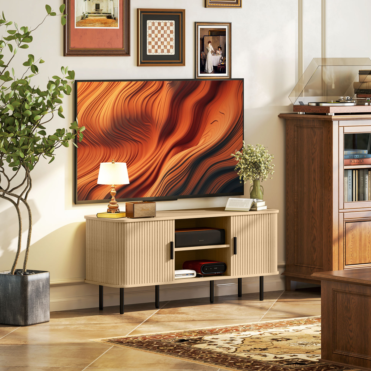 HOMCOM Oak Tone TV Stand with 2 Shelves, 2 Cupboards & Cable Hole