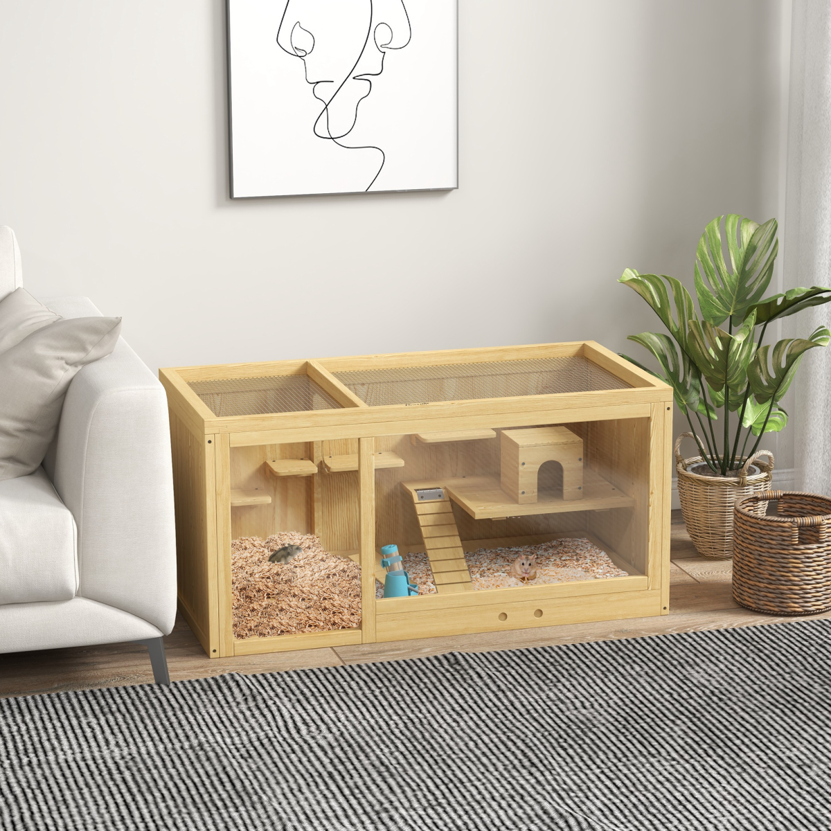 PawHut Wooden Hamster Cage with Water Bottle, Platforms & Openable Roof