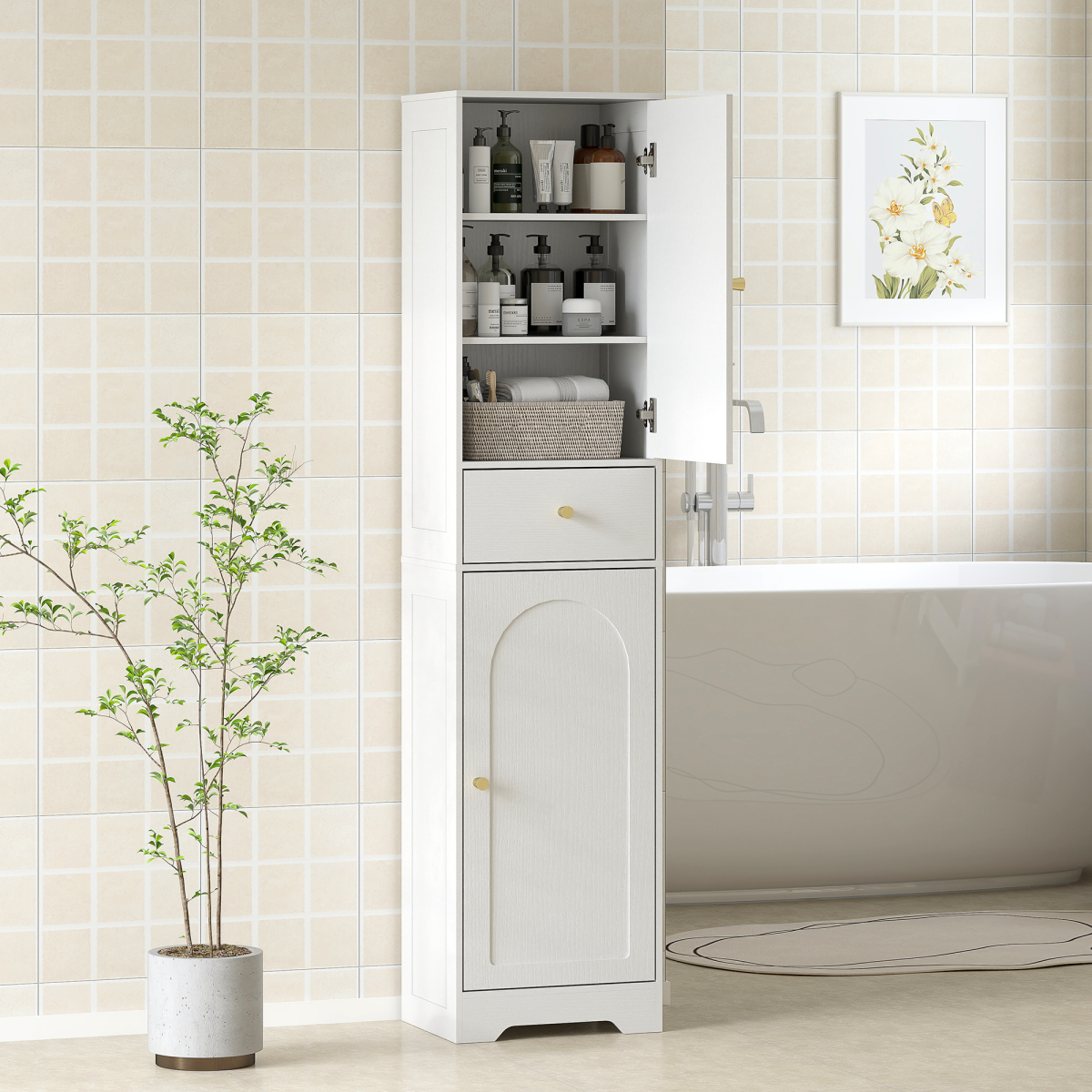 HOMCOM Tall White Bathroom Storage Cabinet with Arch Doors & Drawer