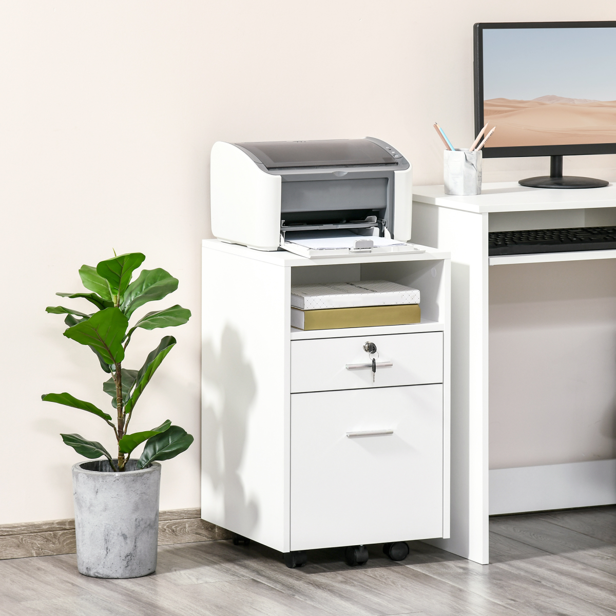Mobile Lockable File Cabinet with Drawer, Open Shelf, 5 Wheels, White, Vinsetto