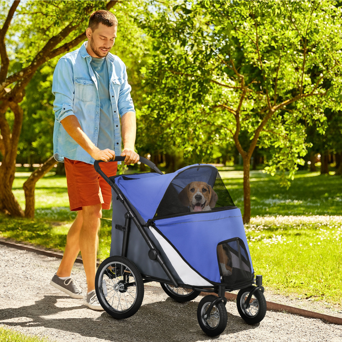 PawHut Foldable Large Dog Stroller with Cushion, Blue