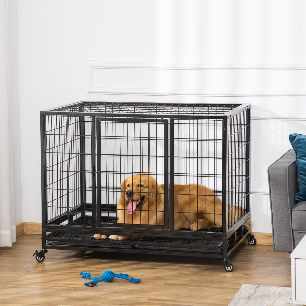 Large Black Metal Dog Kennel Cage with Wheels and Tray