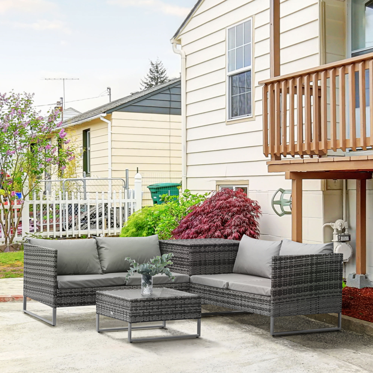 Outsunny 4-Piece PE Rattan Outdoor Garden Furniture Set with Cushioned Loveseat Sofas, Corner Table and Glass-Top Coffee Table, Mixed Grey