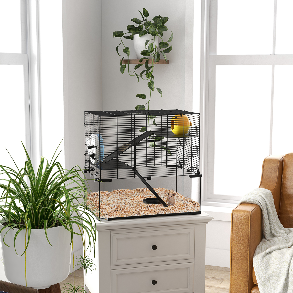 PawHut 3-Tier Hamster Cage with Glass Bottom, Dish & Hut, 60x40x57cm