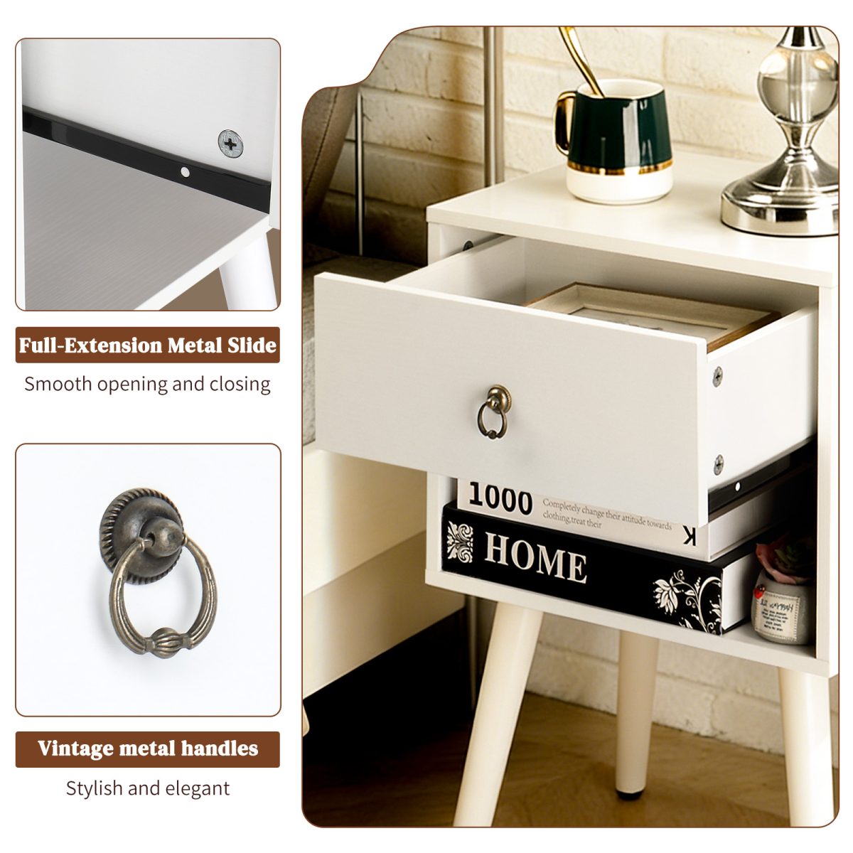 White P2 particleboard with solid wood legs, linen-textured melamine finish, and ring pull handle. 38*30*55cm. One drawer with a lower compartment. Bedside table. 1PC