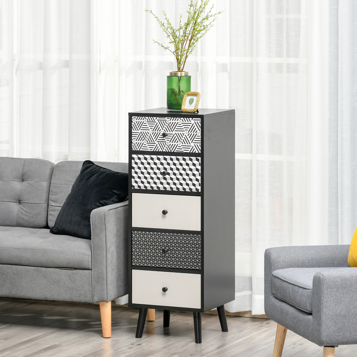 5-Drawer Dresser with Geometric Fronts for Bedroom, Living Room