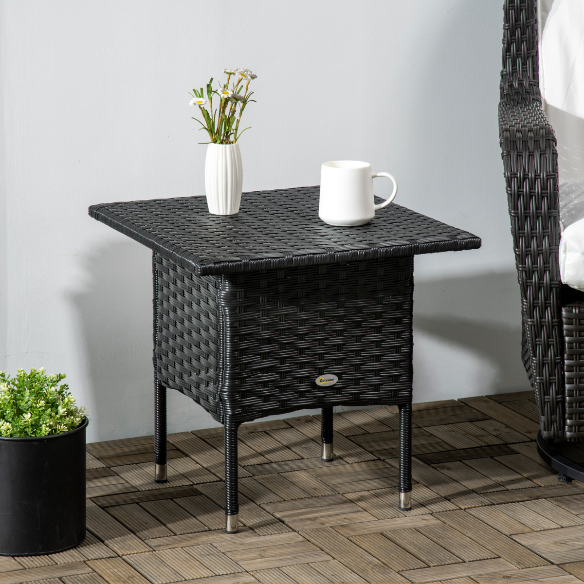 Outsunny PE Rattan Outdoor Side Table, Steel Frame, Black