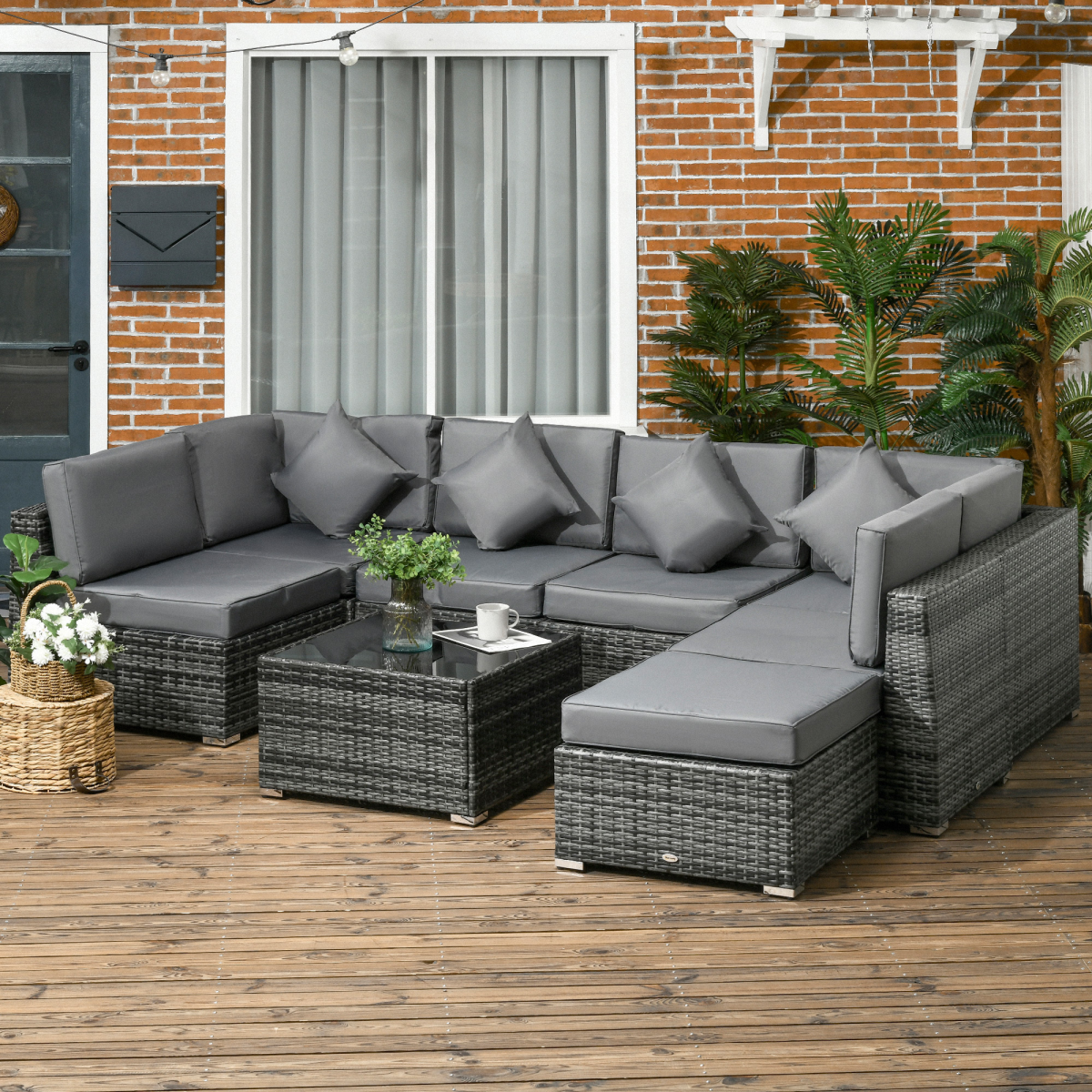 Outsunny 8-Piece Patio Rattan Sofa Set with Corner Seats, Middle Seats, Footstool and Coffee Table, Grey