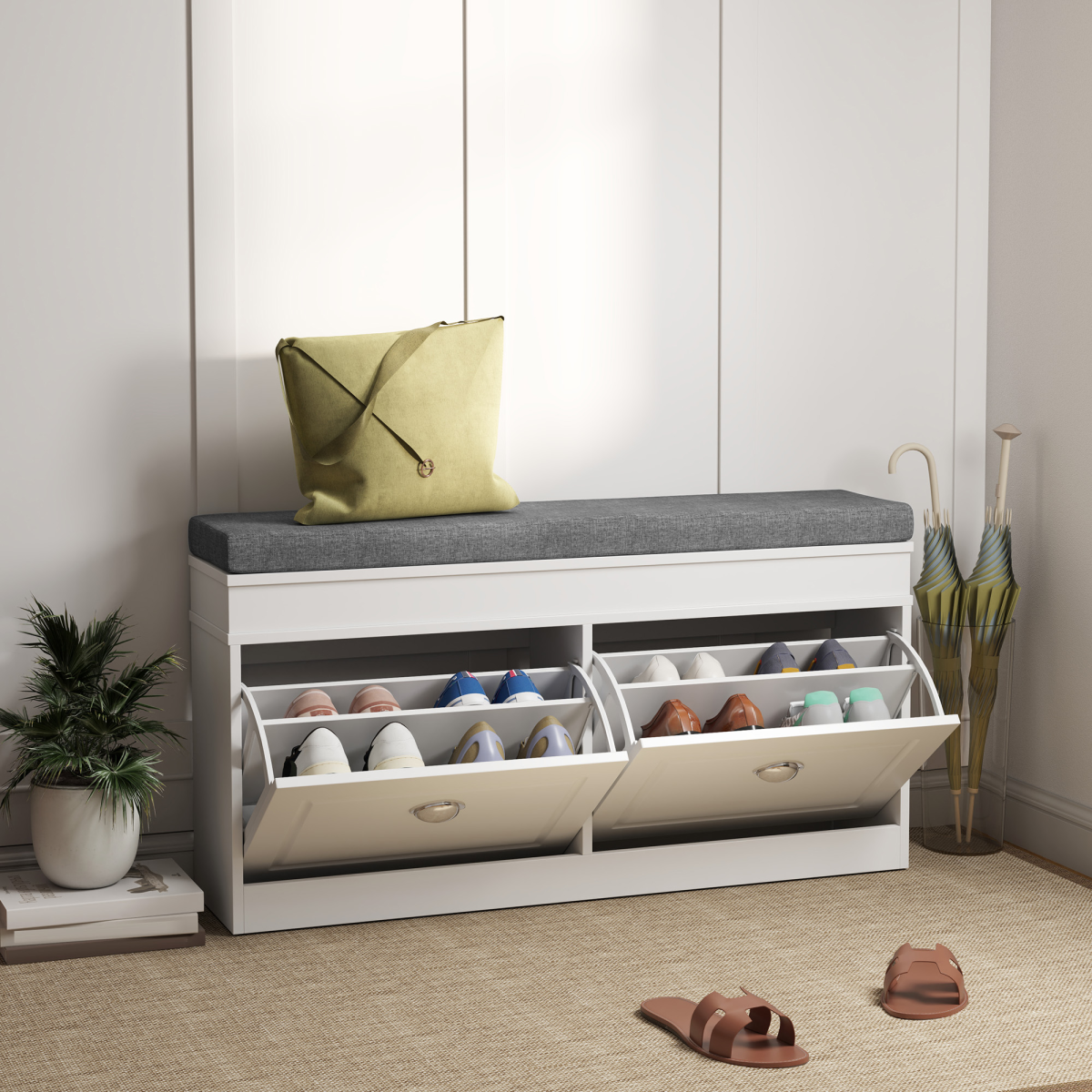 Shoe Storage Bench with Padded Seat Cushion and 2-Drawer Cabinet Organizer