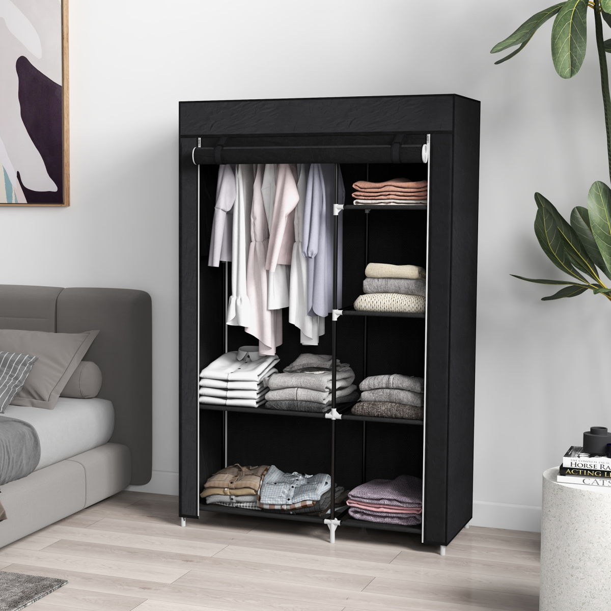 HOMCOM Portable Wardrobe Closet with Hanging Rail & 6 Shelves, Black