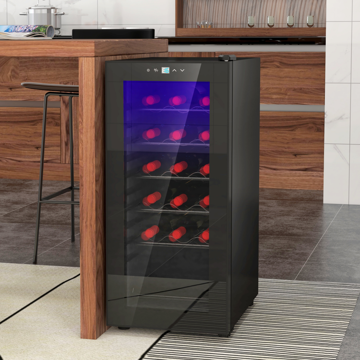 HOMCOM 50L Under Counter Wine Cooler Fridge, 18 Bottle, LED Light, Glass Door