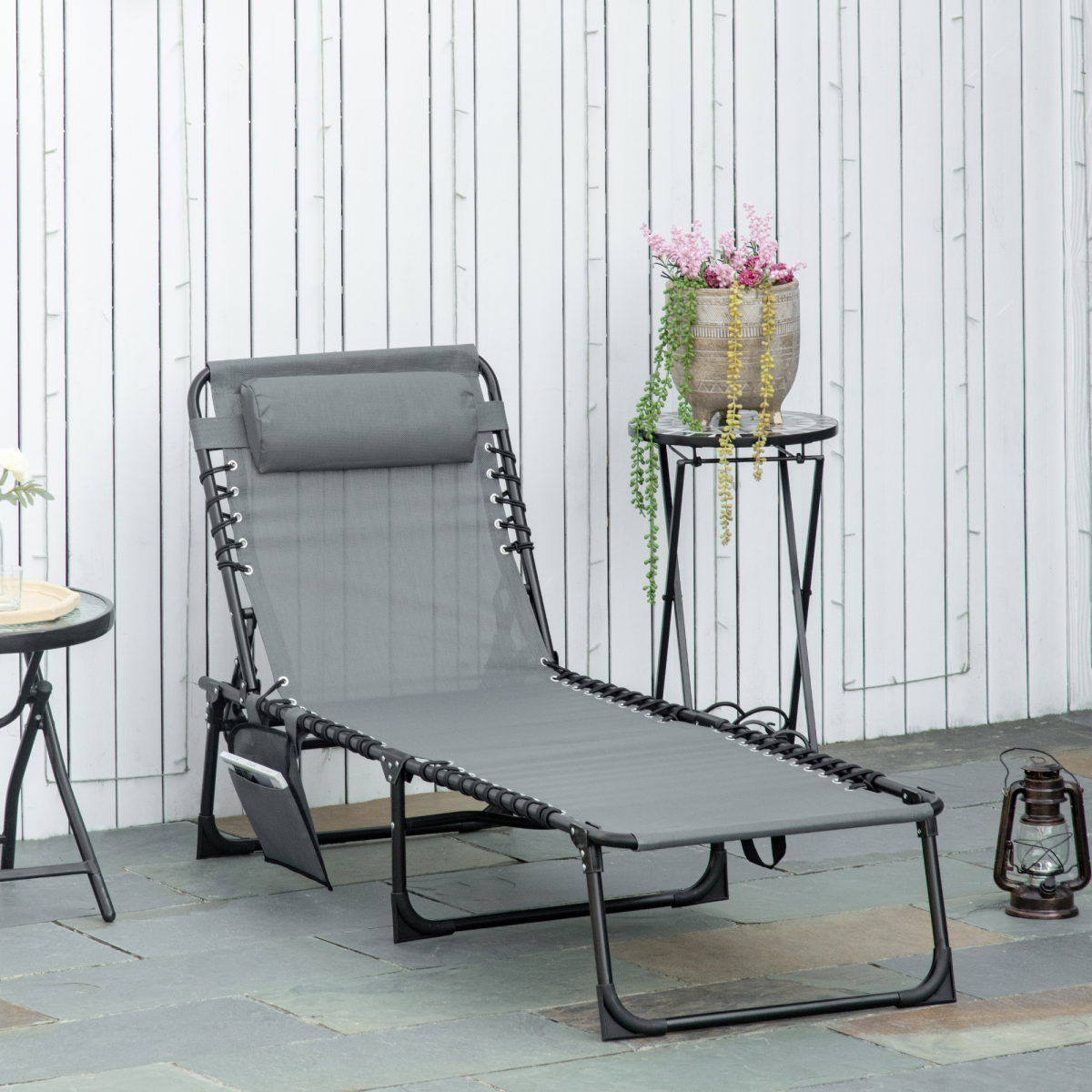 Outsunny Portable Sun Lounger Reclining Lounge Chair, 5-Position Adjustable Backrest, Removable Pillow, Side Pocket, Grey