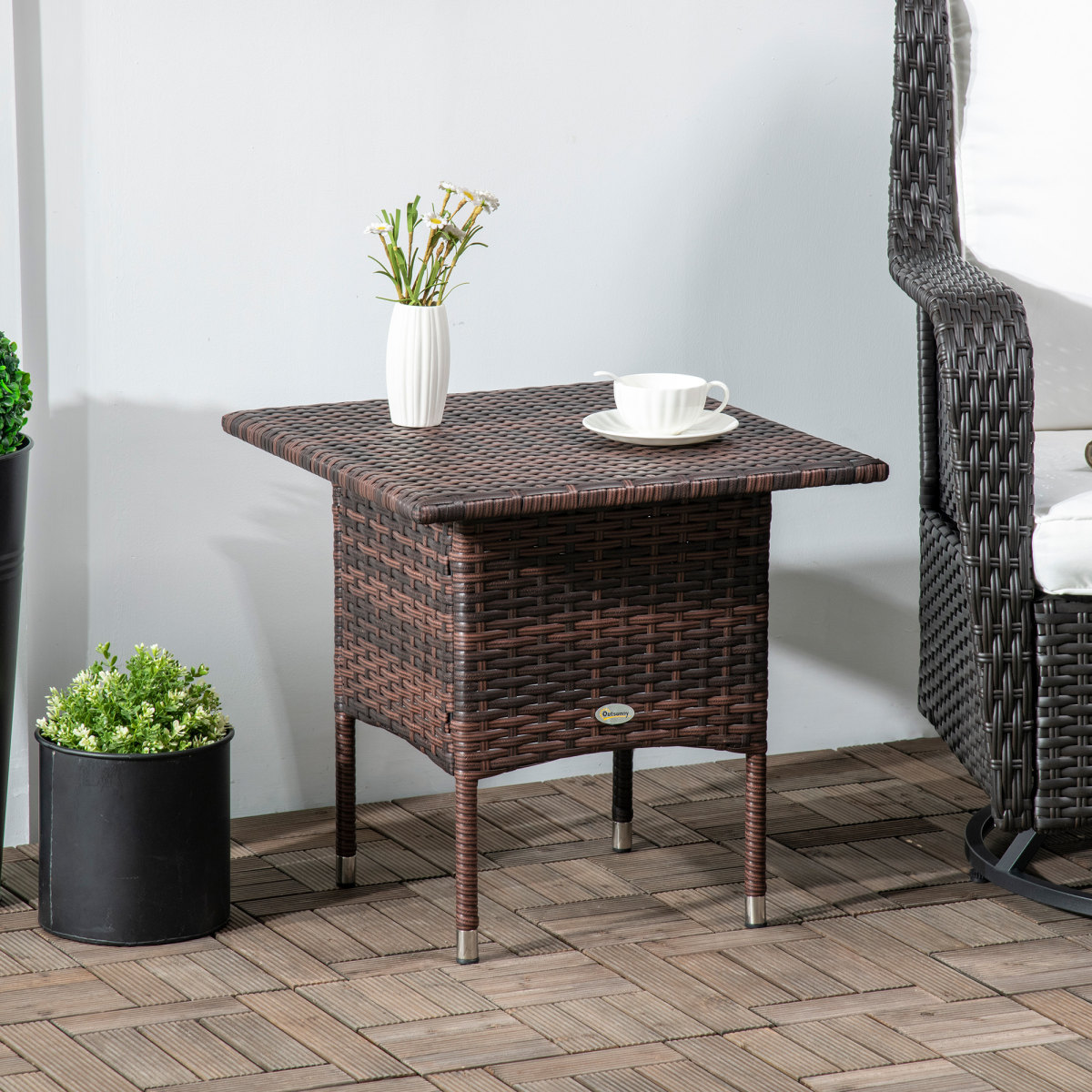 Outsunny PE Rattan Outdoor Coffee Table with Galvanised Steel Frame, Brown and Black