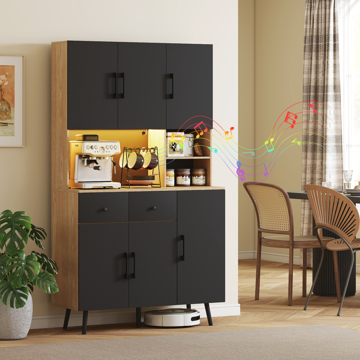 HOMCOM Tall Kitchen Cupboard with USB RGB LED Lights, Oak and Black