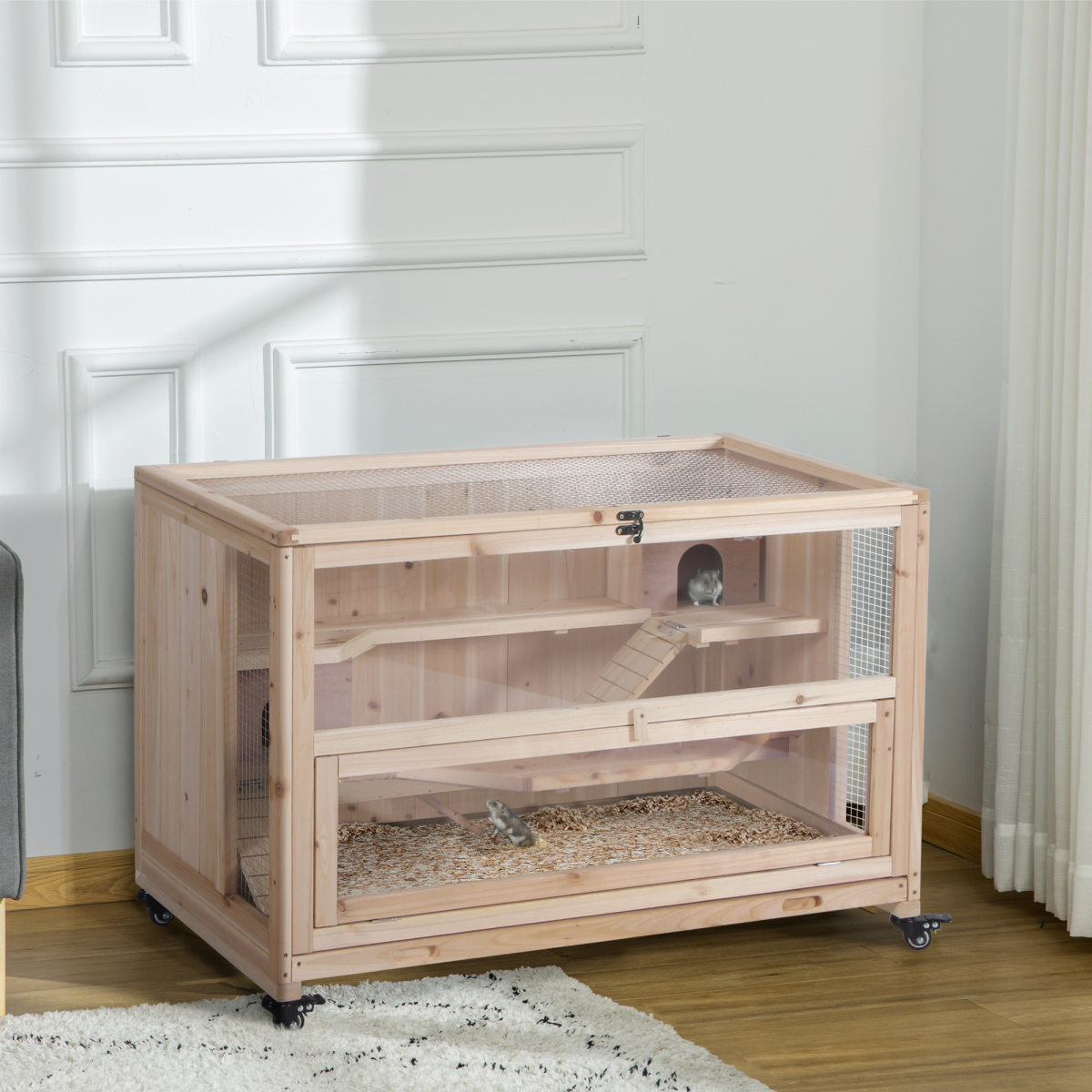 Pawhut 3-Tier Wooden Hamster Cage, Small Animal Hutch with Two Huts, Two Ladders, Mesh Roof, Pull-Out Tray, Wheels, Natural Wood