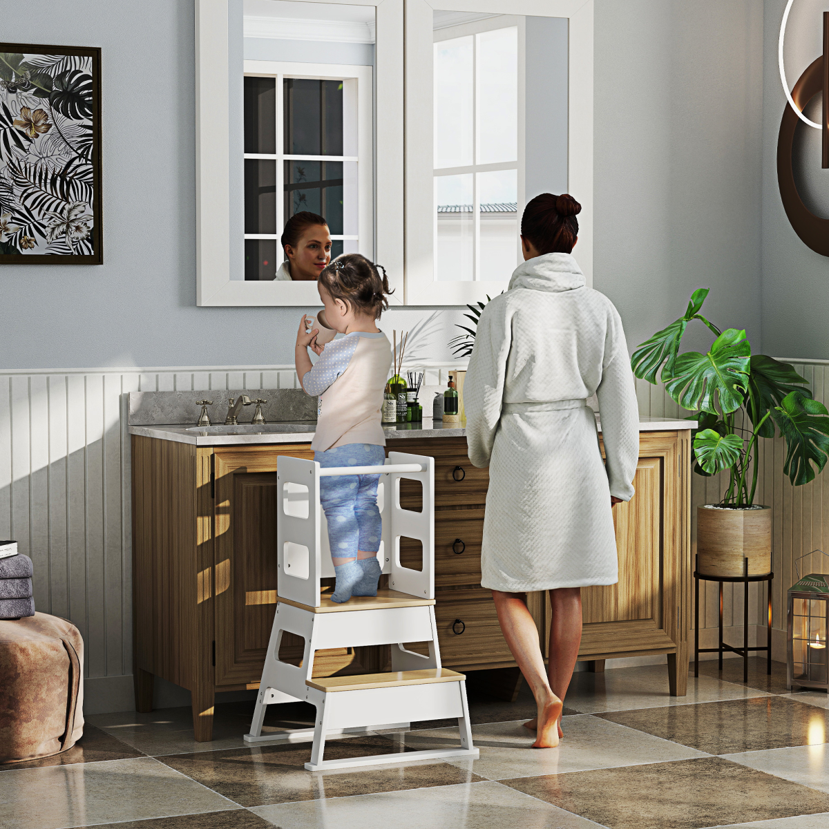 AIYAPLAY 2-in-1 Toddler Tower with Chalkboard & Safety Rail