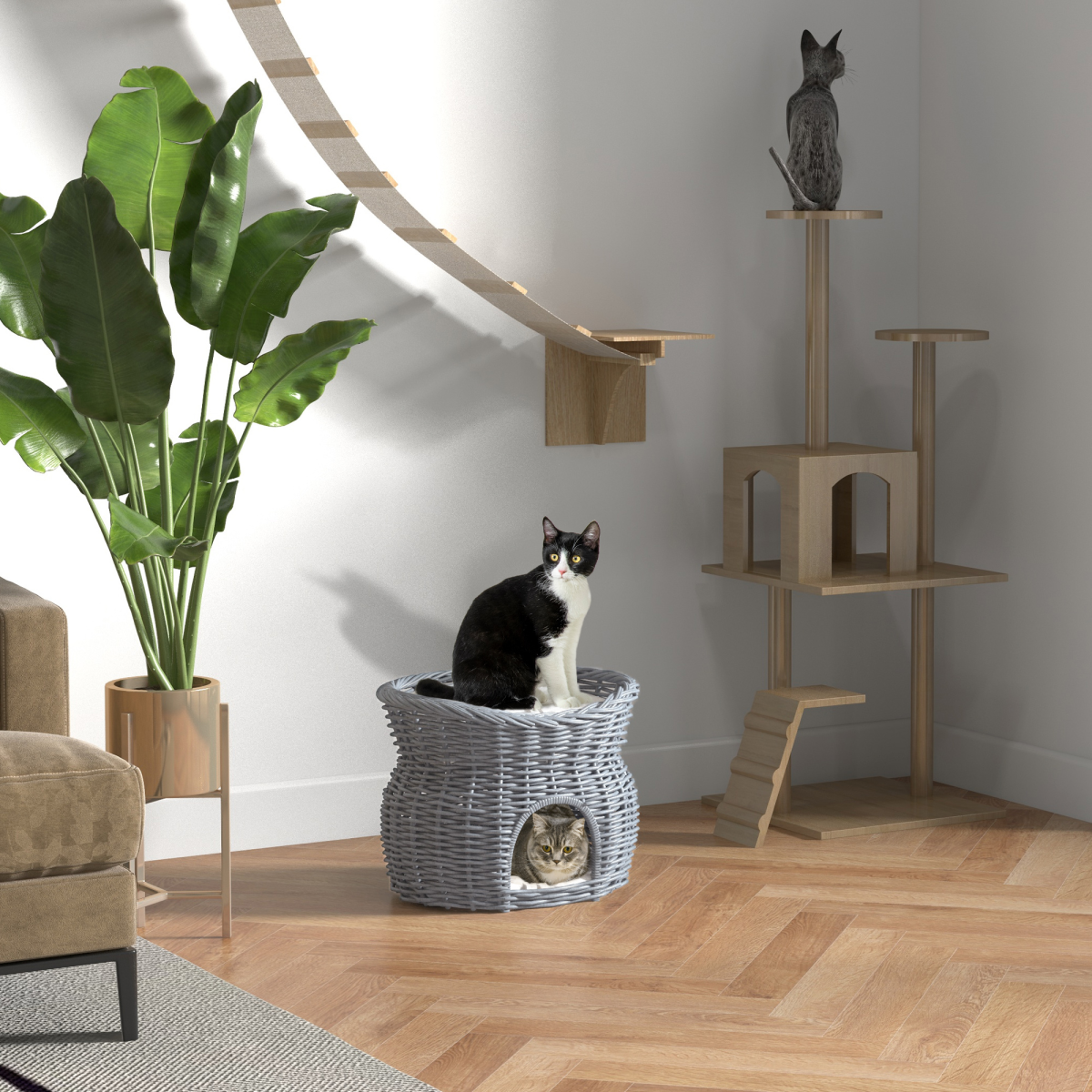 PawHut 2-Tier Elevated Willow Pet Cushion Bed with Washable Cushions, Grey