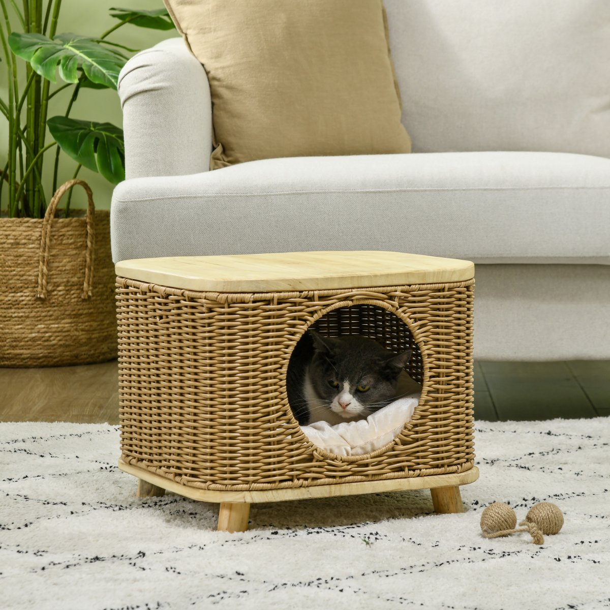PawHut Elevated Wicker Cat House with Washable Cushion, Light Brown