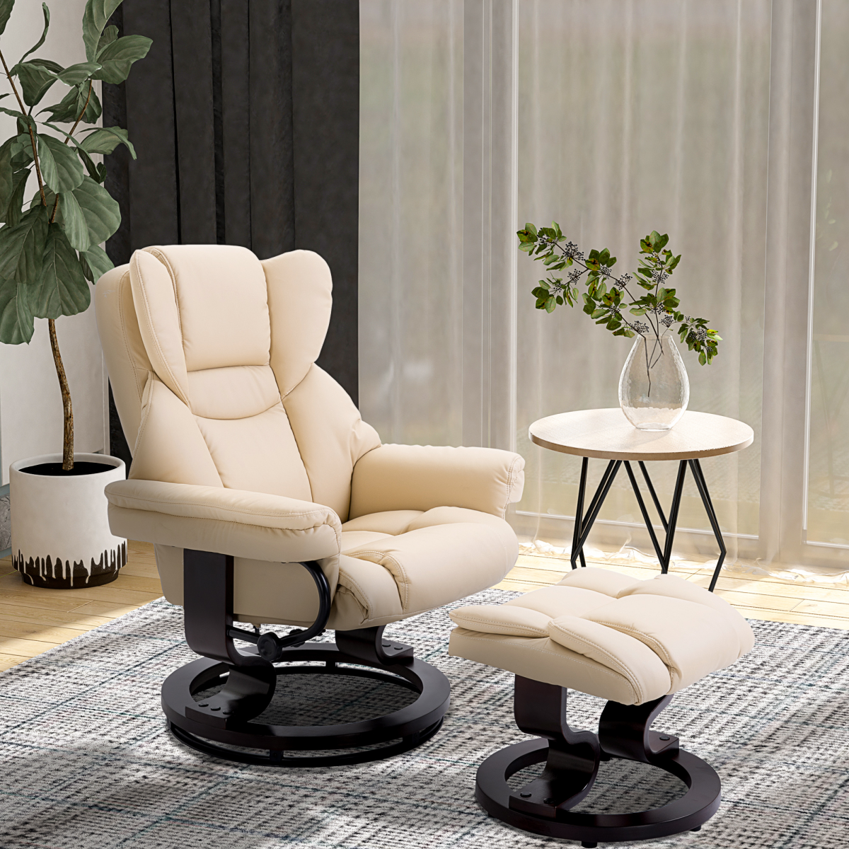 Cream PU Leather Swivel Recliner Armchair with Footstool