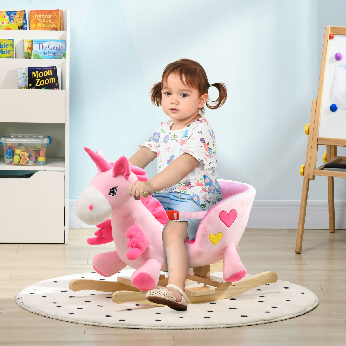 HOMCOM Plush Unicorn Ride-On Rocking Horse with Songs, Seat Belt, Pink