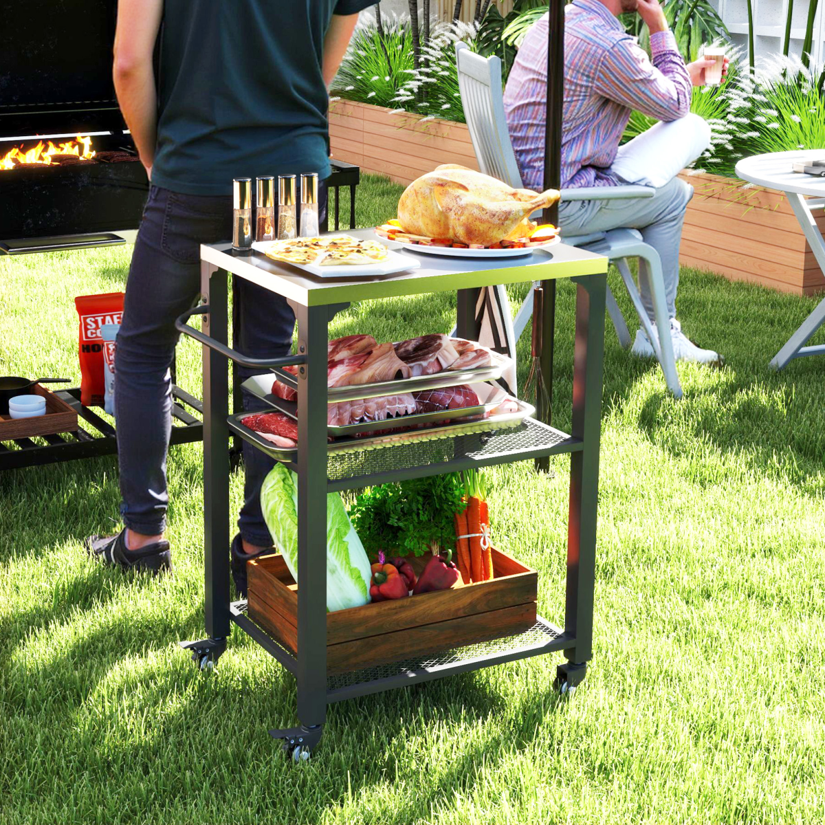 Outsunny Stainless Steel Outdoor Grill Cart with 3 Shelves