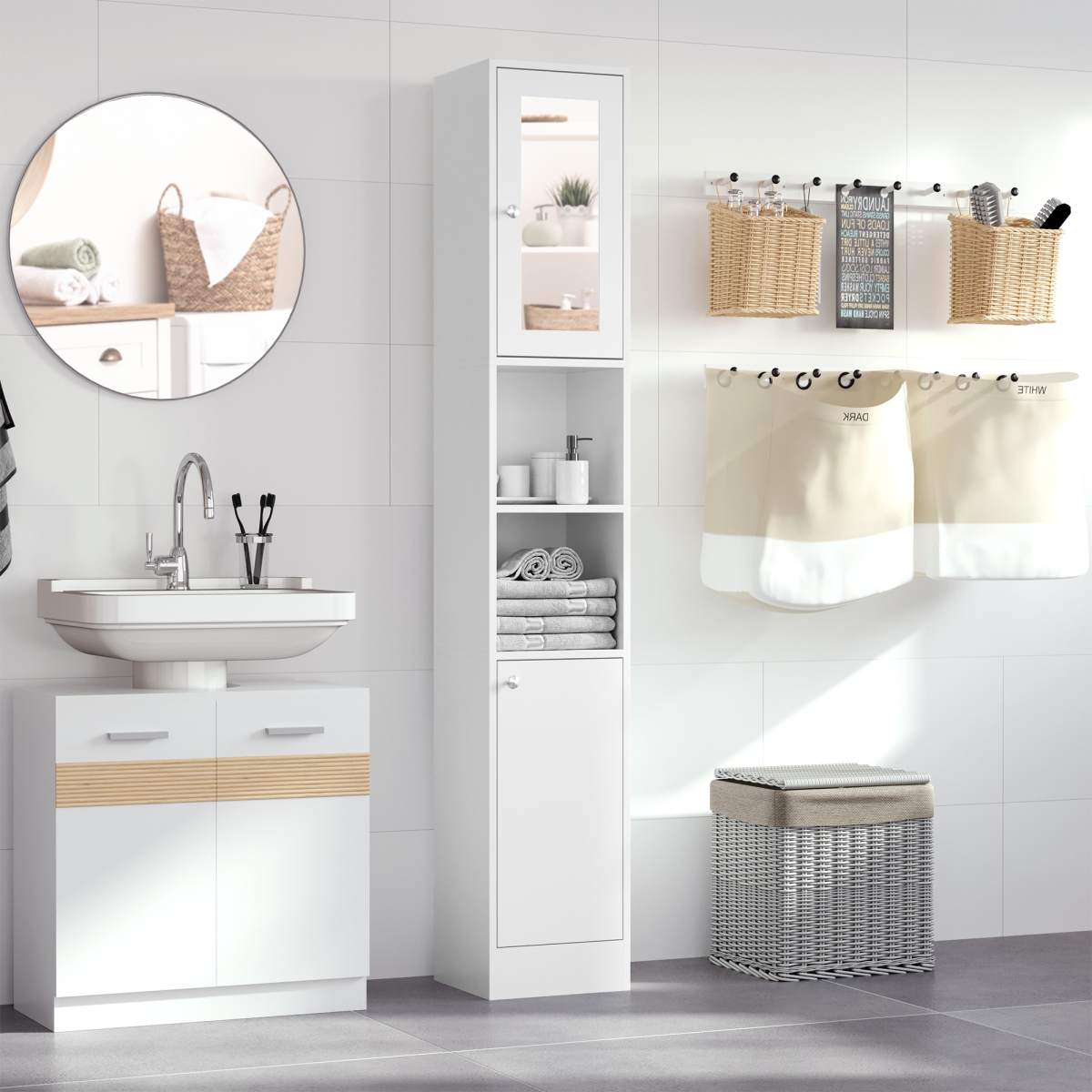 Bathroom Floor Storage Cabinet with Mirrored Door, 2 Cupboards and 2 Shelves, Tallboy Unit