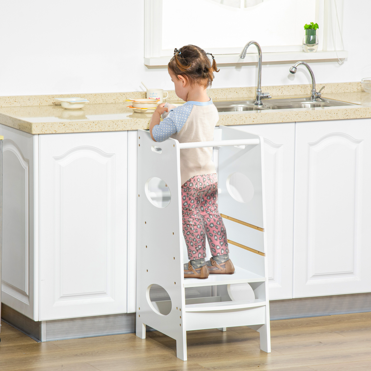 HOMCOM Kids Adjustable Step Stool with Guardrails and Handrails for Kitchen, Bathroom and Dining Room