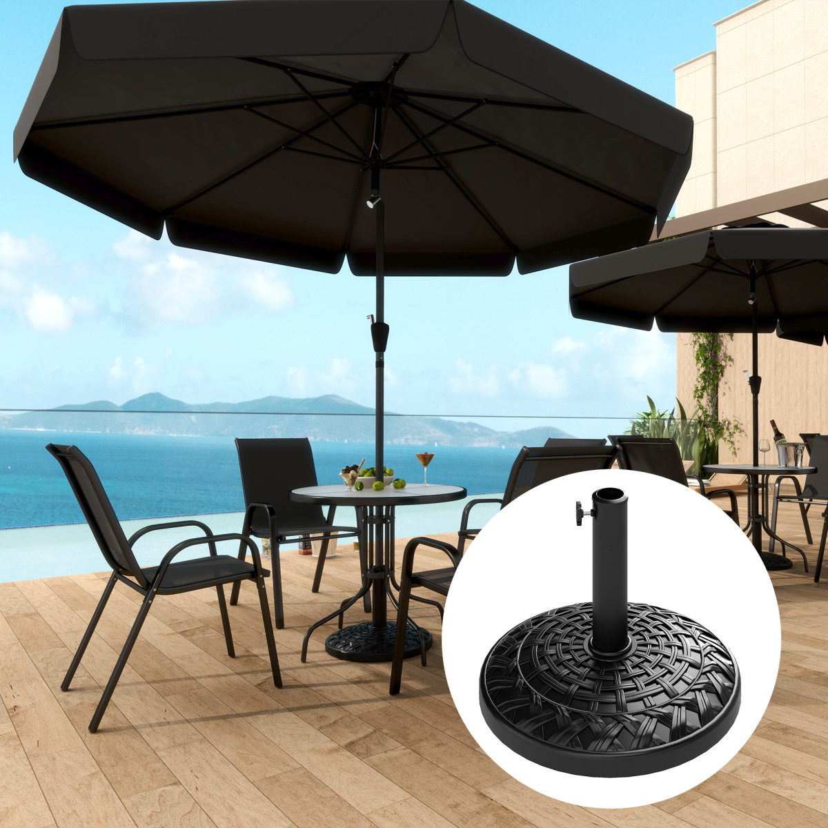 Outsunny 12kg Round Resin Parasol Base with Tightening Knob, Black