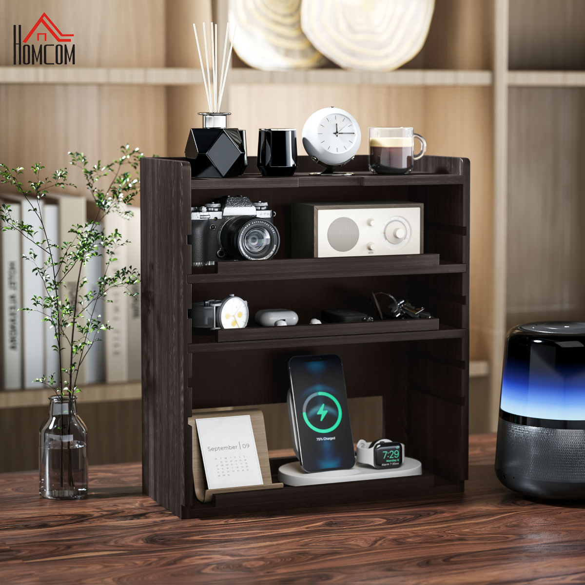 HOMCOM 4-Tier Desktop Organiser with Adjustable Shelves, Dark Brown