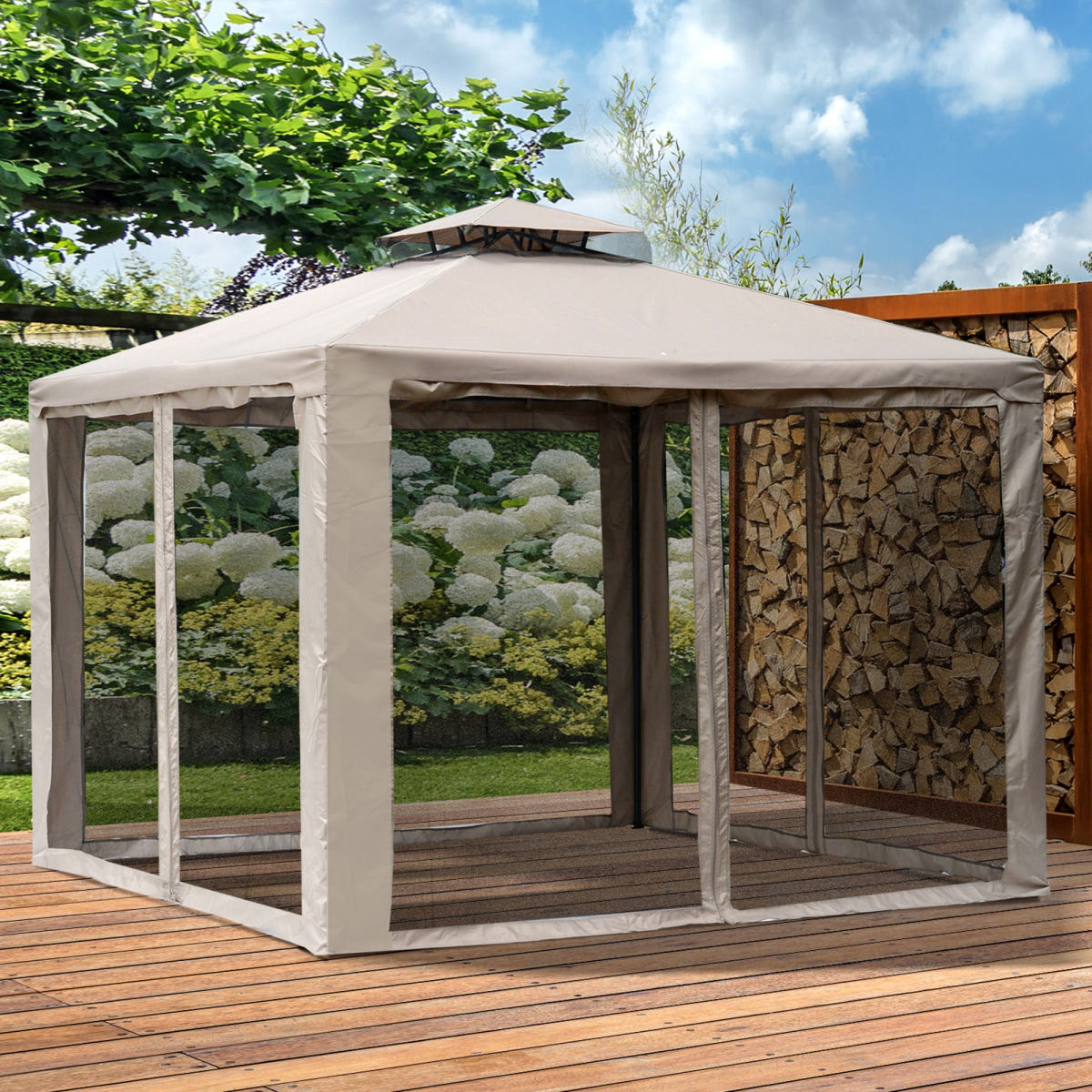 Outsunny Outdoor Gazebo with 2-Tier Roof and Mosquito Netting, 295L x 295W x 263H cm, Taupe