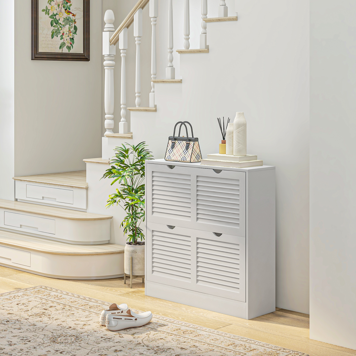 HOMCOM White Slim Shoe Cabinet with 2 Flip Drawers for Entryway
