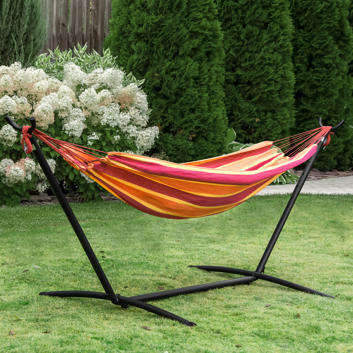 Outsunny 277 x 121 cm Hammock with Metal Stand and Carrying Bag, 120 kg, Multicolor Stripe