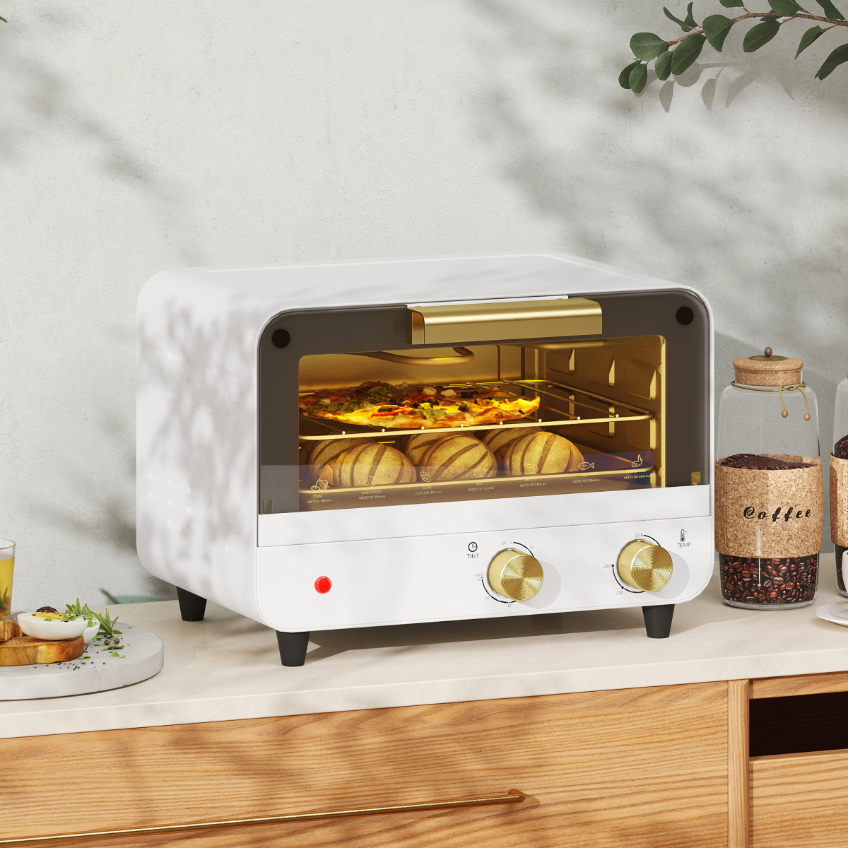 HOMCOM 12L Mini Countertop Toaster Oven, 750W, Glass Door, White
