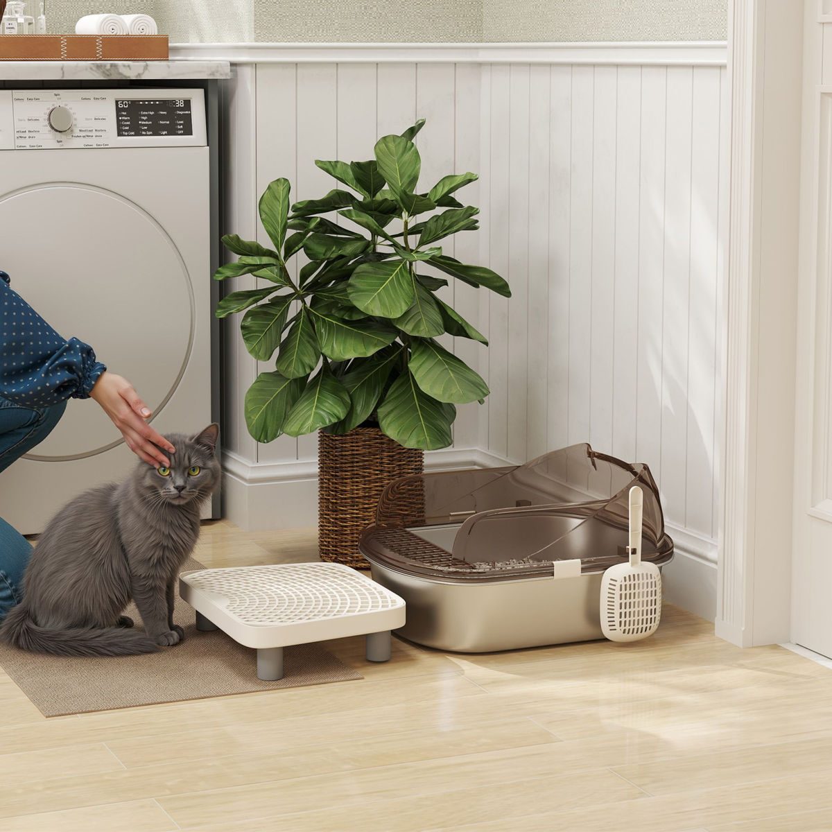 PawHut Stainless Steel Cat Litter Box with Lid, Pedal & Scoop
