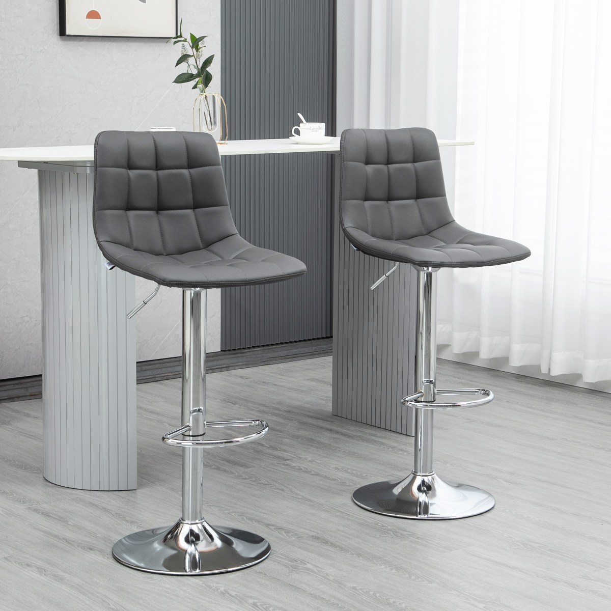 HOMCOM Set of 2 Adjustable Swivel Breakfast Dining Stools with Footrest, Faux Leather, Grey
