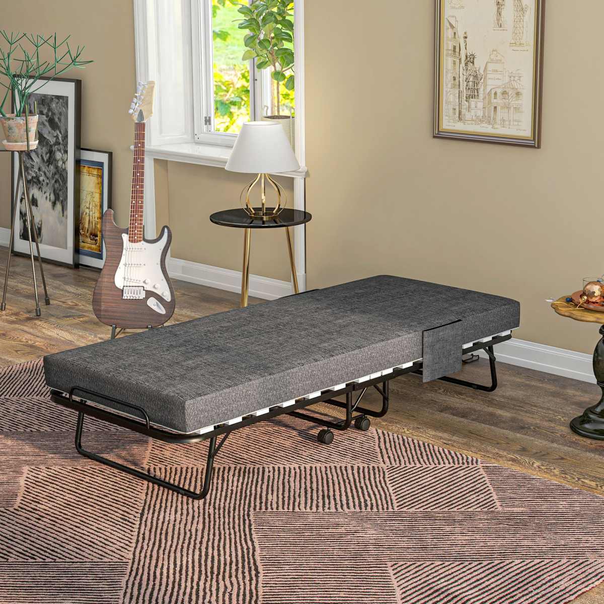 HOMCOM Foldable Guest Bed with Mattress, Lockable Wheels, Dark Grey