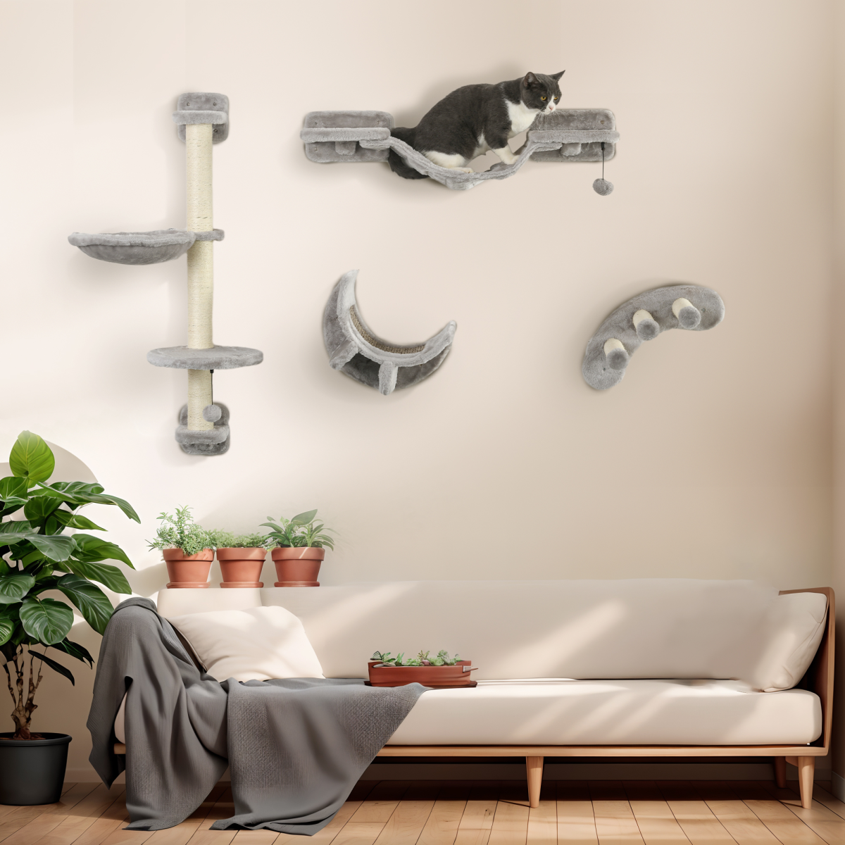 PawHut 4-Piece Wall-Mounted Cat Furniture Set with Hammock, Grey
