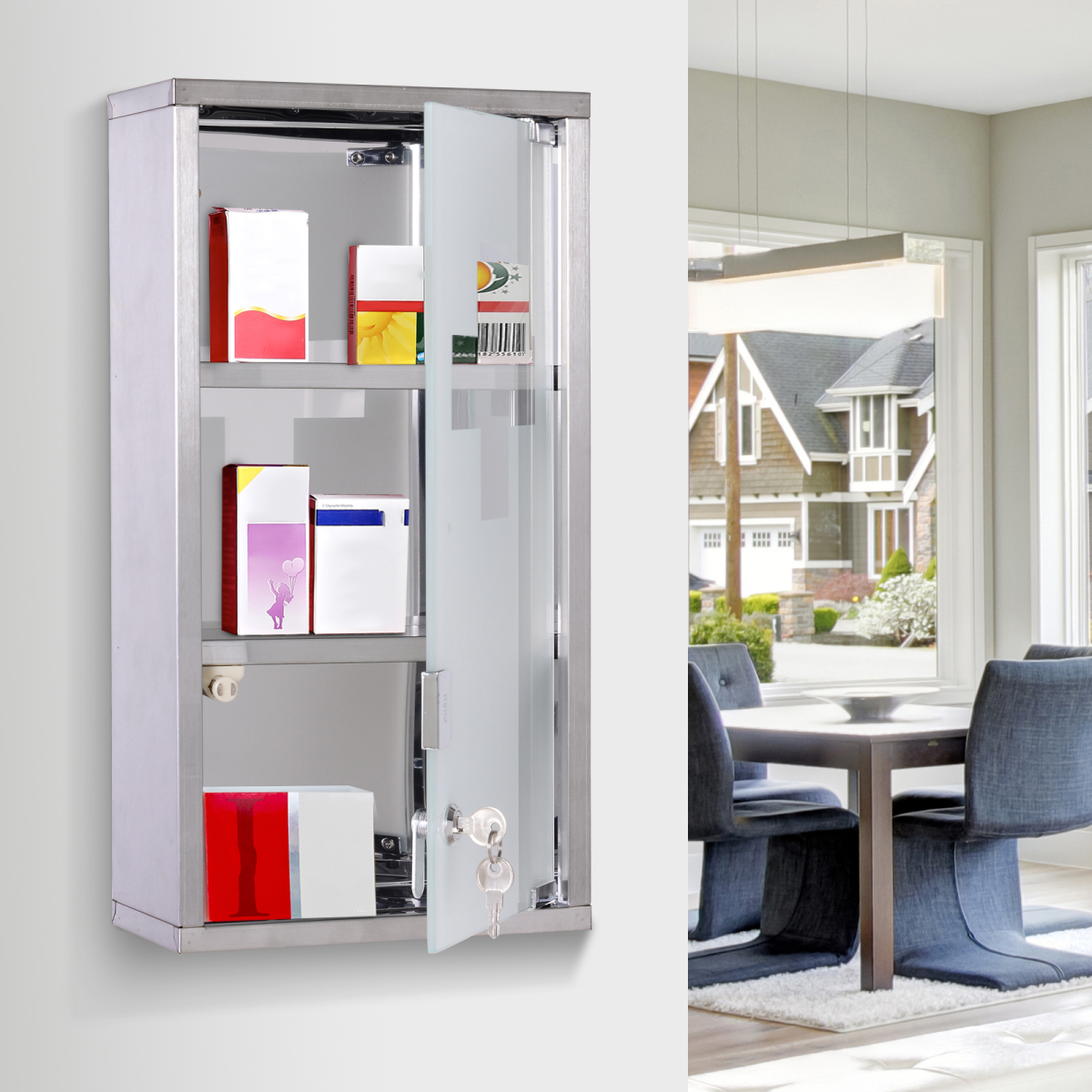 Wall Mounted Stainless Steel Medicine Cabinet with Lockable Security Glass Door, 2 Shelves, 48 x 25 x 12 cm