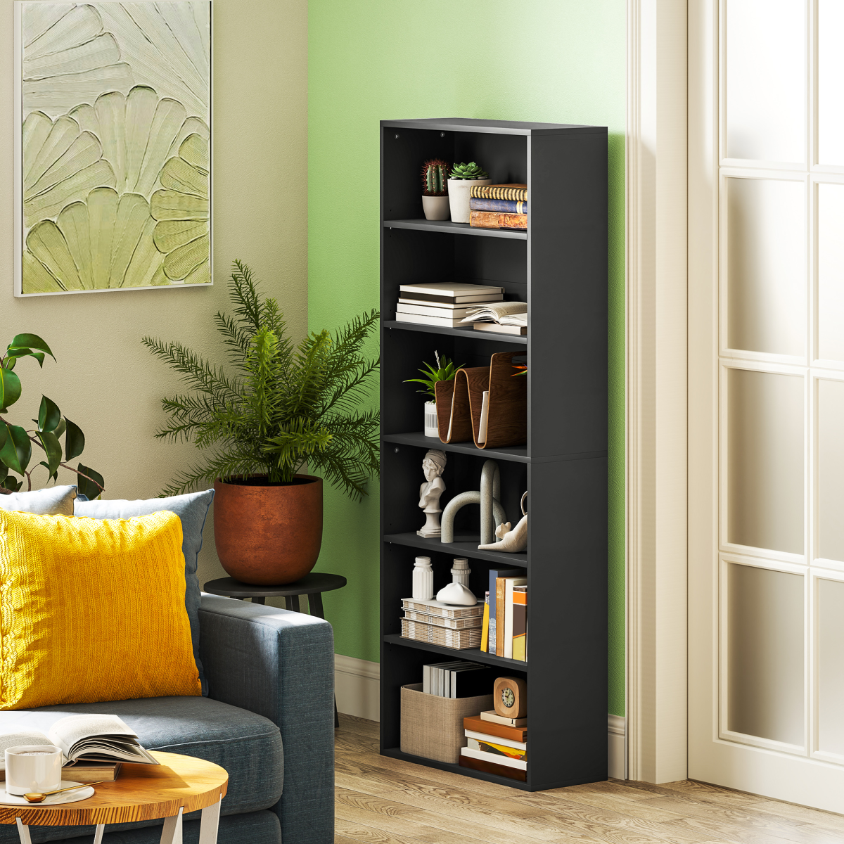 HOMCOM 6-Tier Freestanding Bookcase with Adjustable Shelves, Black