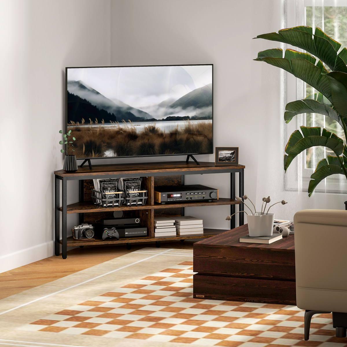 HOMCOM Corner TV Stand for TVs up to 50", 4 Shelves, Rustic Brown