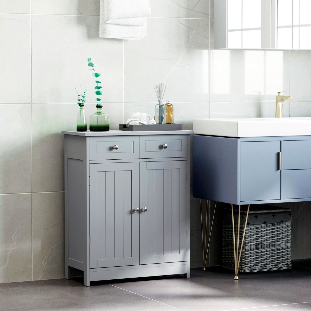 kleankin Bathroom Floor Storage Cabinet with 2 Drawers, Cupboard and Adjustable Shelf, Grey