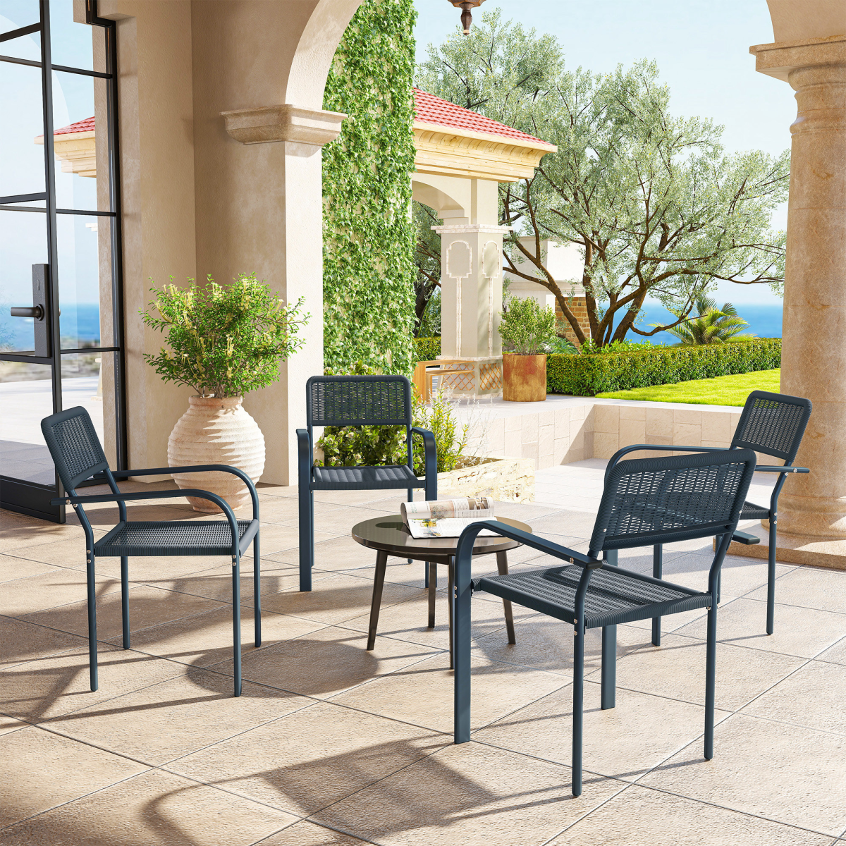 Outsunny Set of 4 Stackable Rattan Effect Garden Chairs, Dark Grey