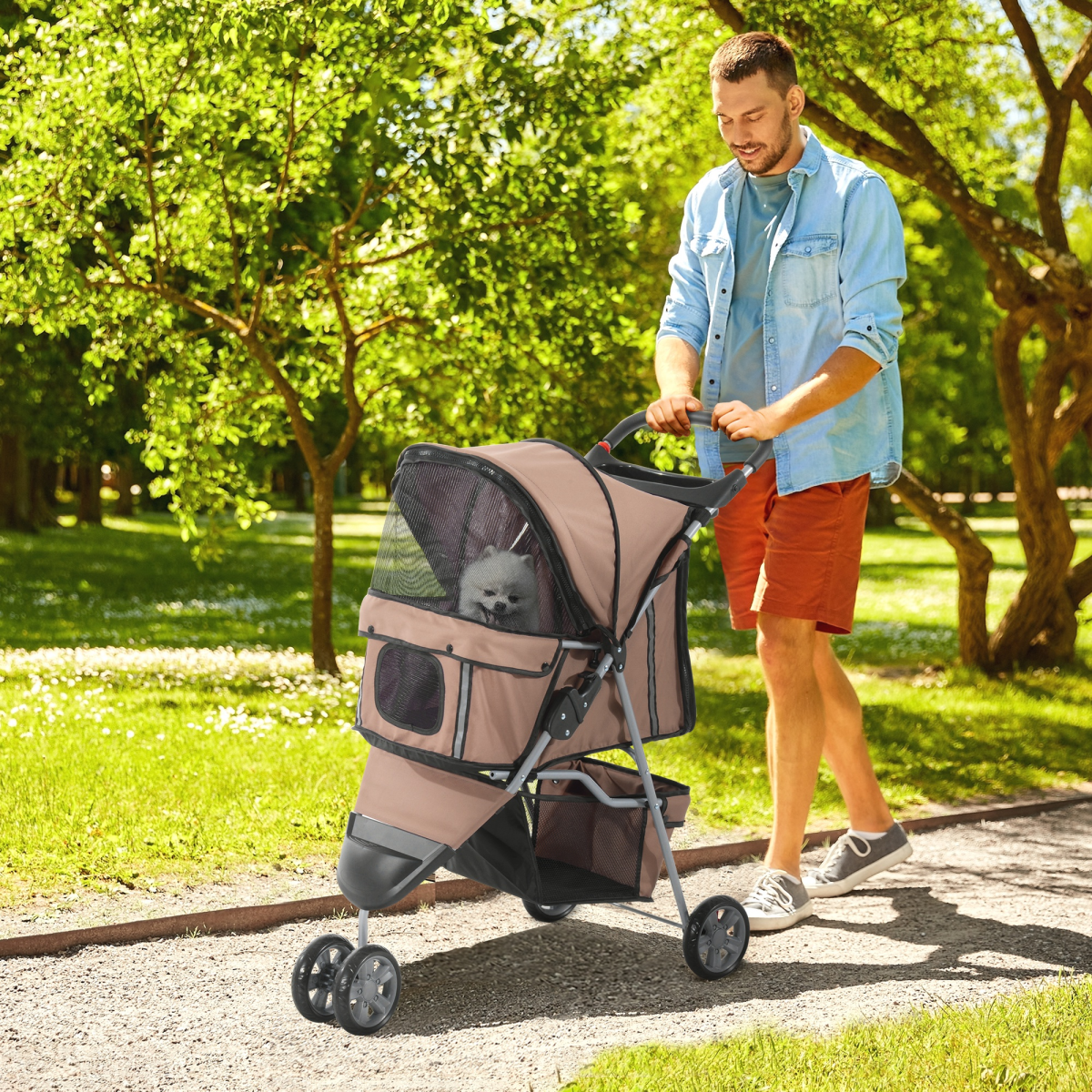 Pawhut 3-Wheel Pet Stroller for Cats and Small Dogs, Brown