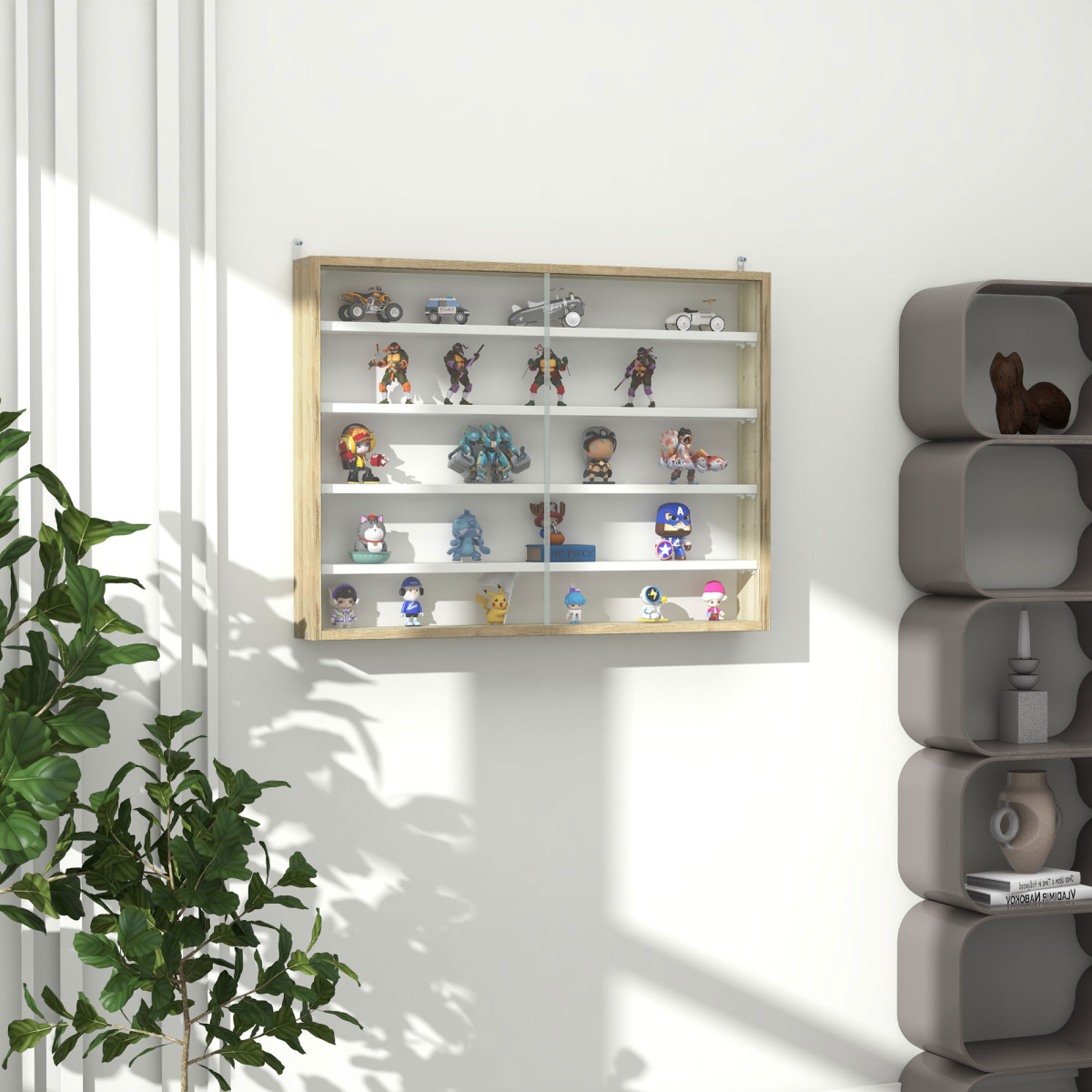 HOMCOM 5-Tier Wall Display Cabinet with Glass Doors, Natural/White