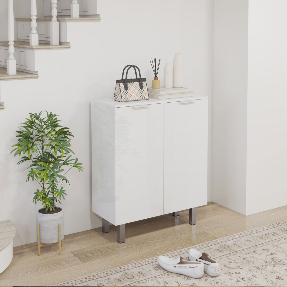 HOMCOM Shoe Storage Cabinet, High Gloss White, Adjustable Shelves