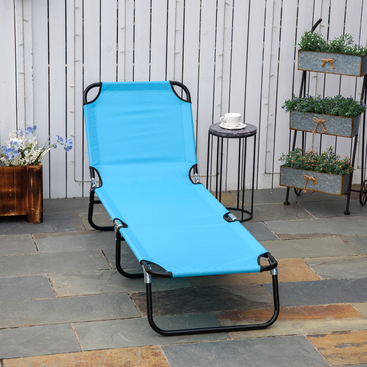 Outsunny Folding Reclining Chaise Lounge Chair with 5-Level Adjustable Backrest, Sky Blue