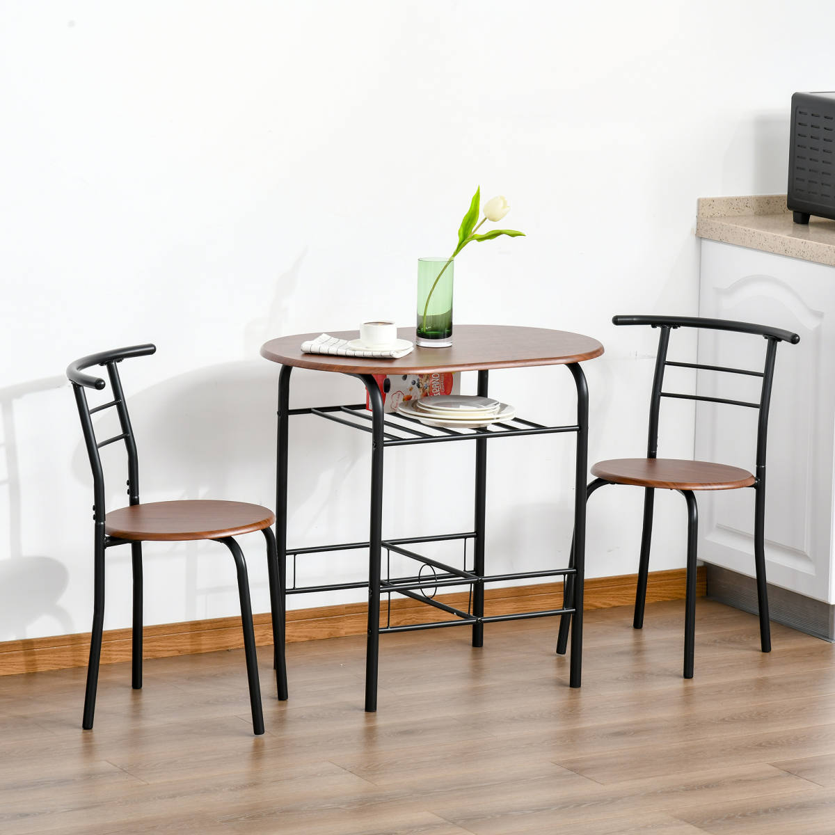 HOMCOM 3-Piece MDF Bar Table and 2 Stool Set with Bottle Storage Shelf, Wood Tone