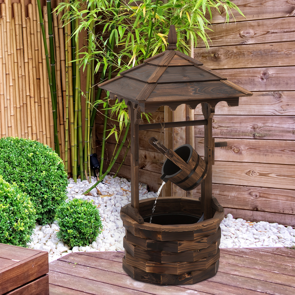 Outsunny Fir Wood Outdoor Wishing Well Garden Fountain with Pump