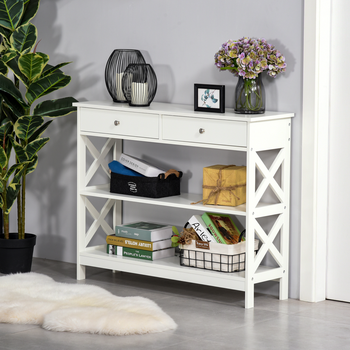 HOMCOM White Console Table with 2 Drawers, Shelves and Flat Top